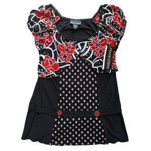 Frank Lyman Floral Red Polka Dot Ruffled Front Black Tunic Blouse New With Tags